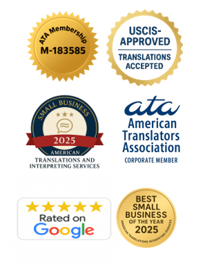 ATA membership, USCIS-approved translation, Small Business of the Year 2025, and 5-star Google reviews badges
